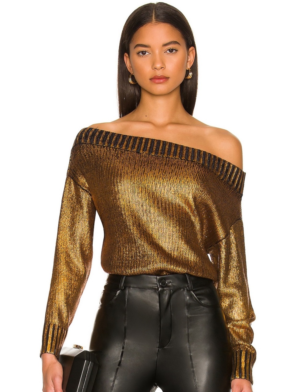 Superdown Marla Metallic One-Shoulder Gold Sweater - Women size L NWT